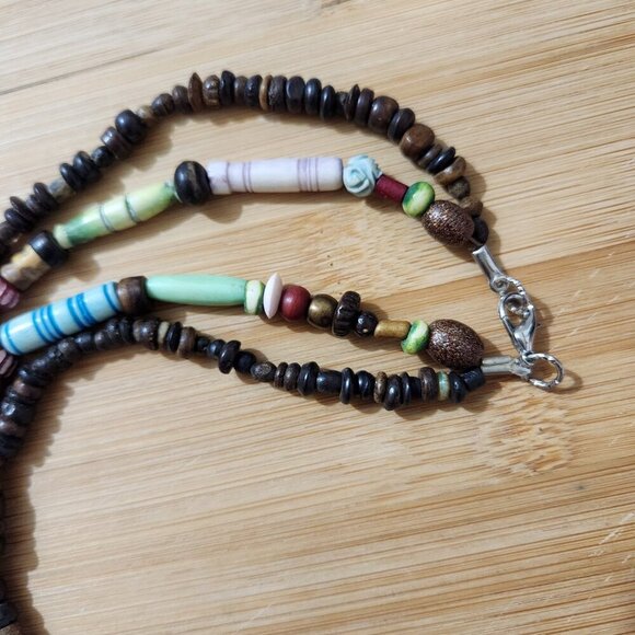 Hand Crafted Necklace King Tut Charm 2 Strands Brown Blue Beads - Picture 4 of 6